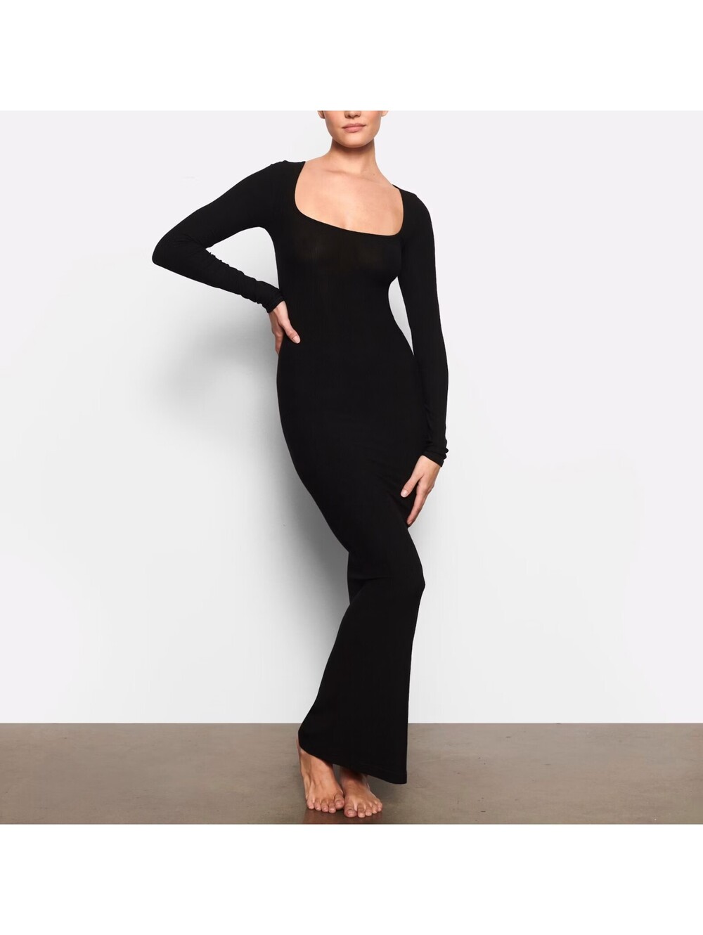NWT SKIMS Soft Lounge Rib Long Sleeve Dress Onyx Black Size L